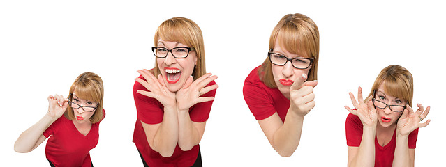 Image showing Set of Female Caucasian with Goofy Expressions Isolated on a Whi