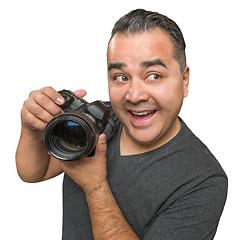 Image showing Goofy Hispanic Young Male With DSLR Camera Isolated on a White B