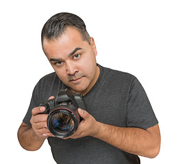 Image showing Handsome Hispanic Young Male With DSLR Camera Isolated on a Whit