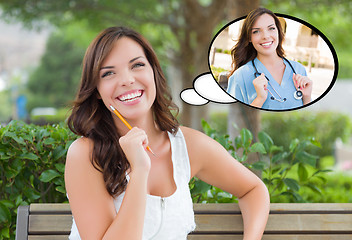 Image showing Thoughtful Young Woman with Herself as a Doctor or Nurse Inside 