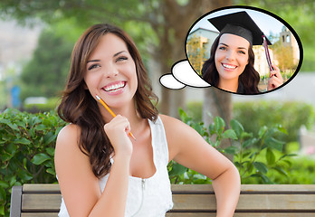 Image showing Thoughtful Young Woman with Herself as a Graduate Inside Thought