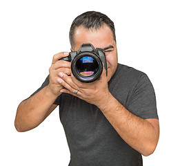 Image showing Handsome Hispanic Young Male With DSLR Camera Isolated on a Whit