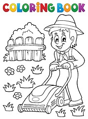 Image showing Coloring book gardener with lawn mower