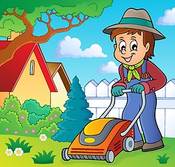 Image showing Gardener with lawn mower theme image 2