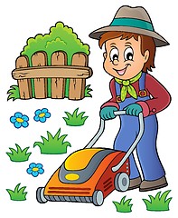 Image showing Gardener with lawn mower theme image 1