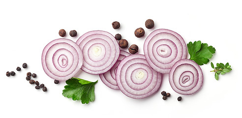 Image showing red onion and various spices on white background