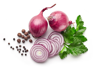 Image showing red onions and parsley on white background