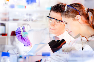 Image showing Life science researchers observing blue solution in laboratory.