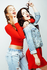 Image showing best friends teenage girls together having fun, posing emotional on white background, besties happy smiling, lifestyle people concept 