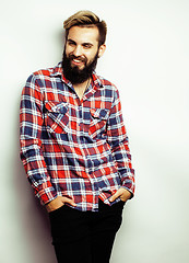 Image showing portrait of young bearded hipster guy smiling on white background close up isolated, lifestyle real people concept