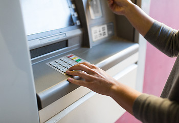 Image showing close up of hand entering pin code at atm machine