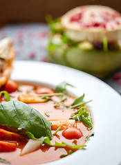 Image showing close up of gazpacho soup at restaurant