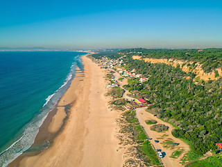 Image showing Aerial View Empty Sandy Beach with Small Waves