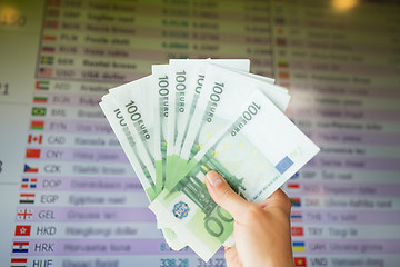 Image showing hand with euro money over currency exchange rates