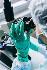 Image showing Scientist working in laboratory with microscope