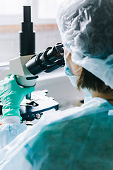 Image showing Scientist working in laboratory with microscope