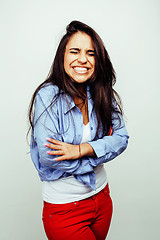 Image showing young happy smiling latin american teenage girl emotional posing on white background, lifestyle people concept 