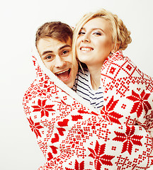 Image showing young pretty teenage couple, hipster guy with his girlfriend happy smiling and hugging isolated on white background, lifestyle people concept, valentine design winter plaid together