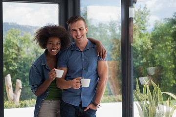 Image showing romantic happy young couple relax at modern home indoors