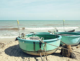 Image showing  lot of fishermens boats at seacoast sunrise horisont sea