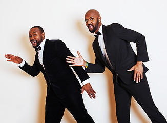 Image showing two afro-american businessmen in black suits emotional posing, g