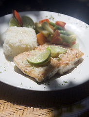 Image showing fresh fish fillet with garlic lime rice Central American vegetab