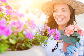 Image showing Young Adult Woman Wearing Hat and Gloves Gardening Outdoors