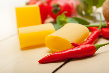 Image showing Italian pasta paccheri with tomato mint and chili pepper