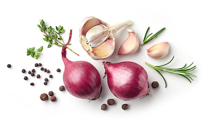 Image showing red onions and spices on white background