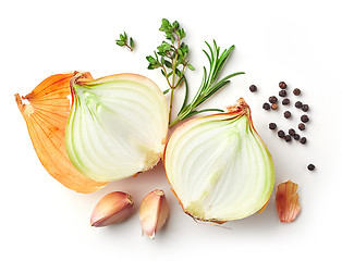 Image showing onions and spices on white background