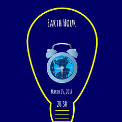 Image showing Earth, bulb light, alarm clock on blue background