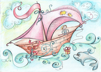 Image showing Illustration - a fantastic boat floats on the ocean aboard a man threw a gift for dolphin fishing rod