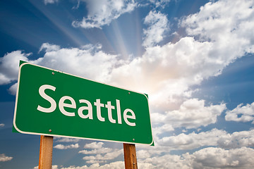 Image showing Seattle Green Road Sign Over Clouds