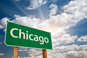 Image showing Chicago Green Road Sign Over Clouds