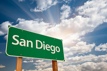 Image showing San Diego Green Road Sign Over Clouds