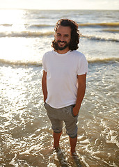 Image showing happy man in white t-shirt on beach over sea