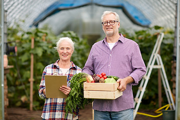 Image showing senior couple with box of vegetables on farm