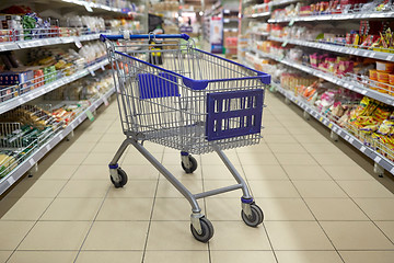 Image showing empty shopping cart or trolley at supermarket