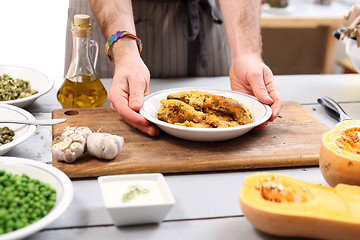 Image showing A dish of oyster mushrooms. Vegan dish.