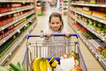 Image showing girl with food in shopping cart at grocery store