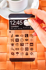 Image showing Smartphone with transparent screen in human hands.