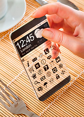 Image showing Smartphone with transparent screen in human hands.