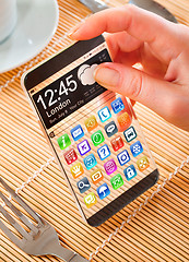 Image showing Smartphone with transparent screen in human hands.