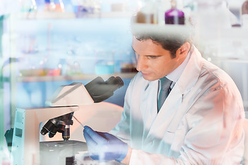 Image showing Life science researcher microscoping in genetic scientific laboratory.