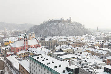 Image showing Aerial panoramic view of Ljubljana in snow. Slovenia, Europe.