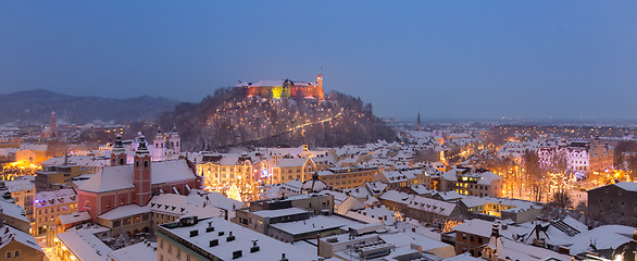 Image showing Aerial panoramic view of Ljubljana decorated for Christmas holidays, Slovenia, Europe.