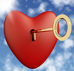 Image showing Heart With Key And Sky Background Showing Love Romance And Valen