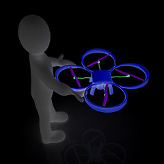 Image showing 3d man with drone, quadrocopter, with photo camera. 3d render. 3