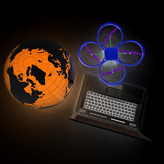 Image showing Drone or quadrocopter with camera with laptop. Network, online, 