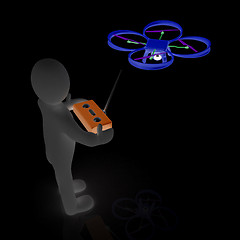 Image showing 3d man with drone, quadrocopter, with photo camera. 3d render. 3